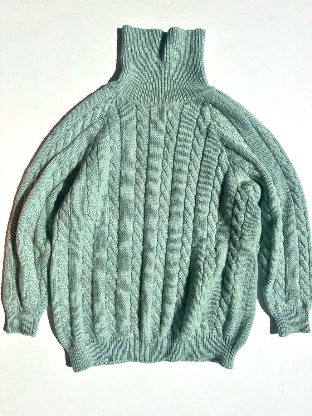 Jane Justin Italy Mohair Long Cable Knit Turtleneck Blouson Sweater Mint Green L